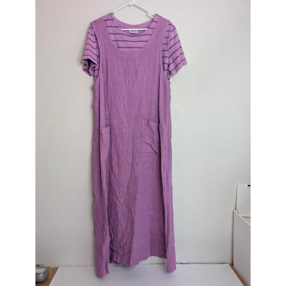 Mishi Womens Linen Maxi Dress Purple Striped T-Shirt Set Great Casual Lagenlook